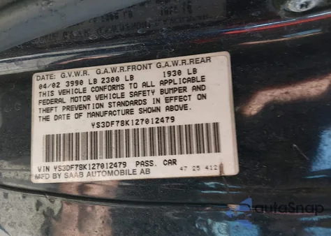 2002 Saab 9-3 Se z USA, uszkodzony, nr VIN YS3DF78K127012479